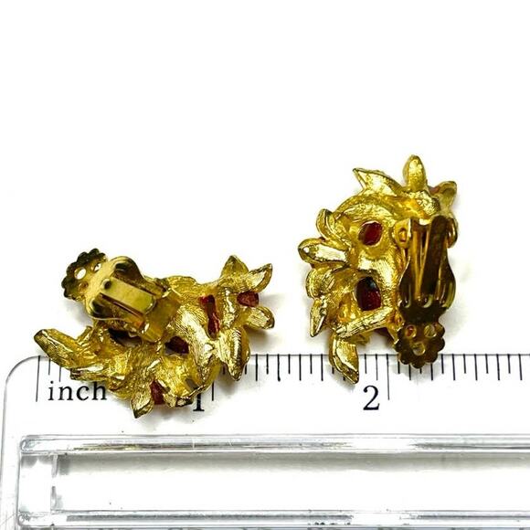 VINTAGE Earrings Red Faux Pearl Rhinestone Vtg Clip Estate Costume Jewelry AU02 - Picture 4 of 4